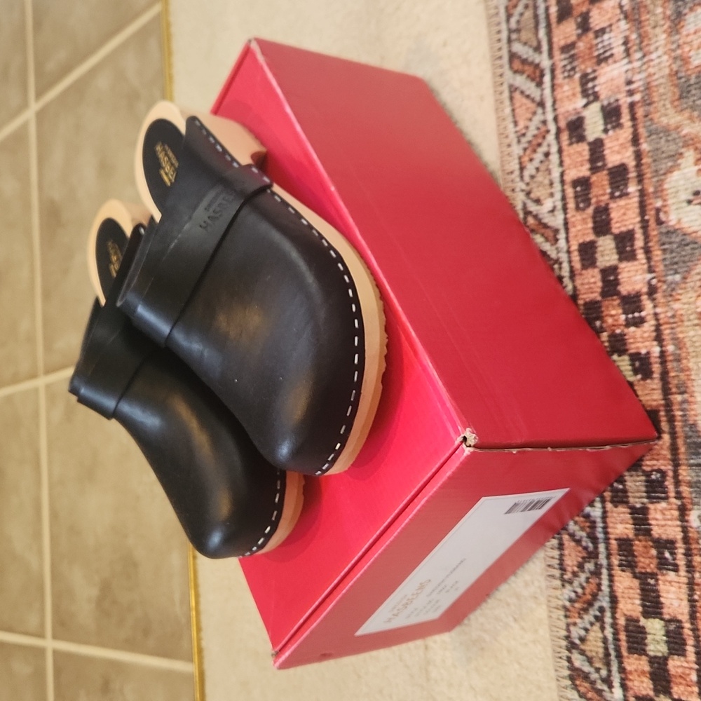 Swedish Hasbeens Black Leather Clogs